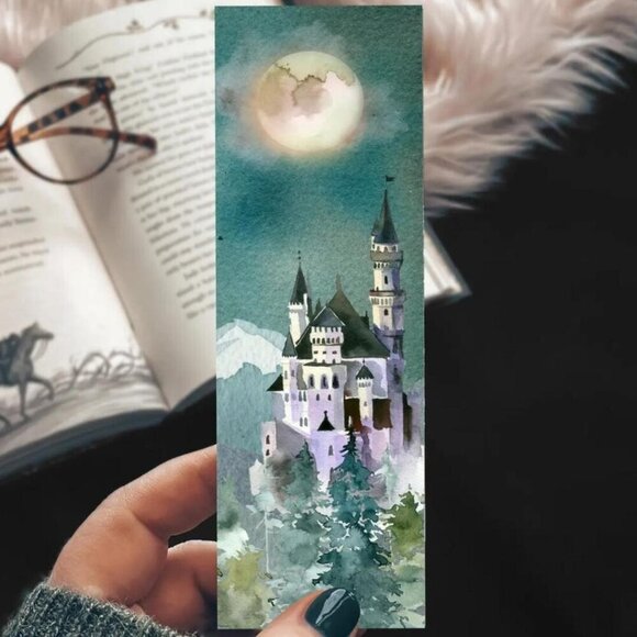3 for $15 - Fantasy Forest Castle Watercolor Cardstock Bookmark - NEW - Picture 1 of 5